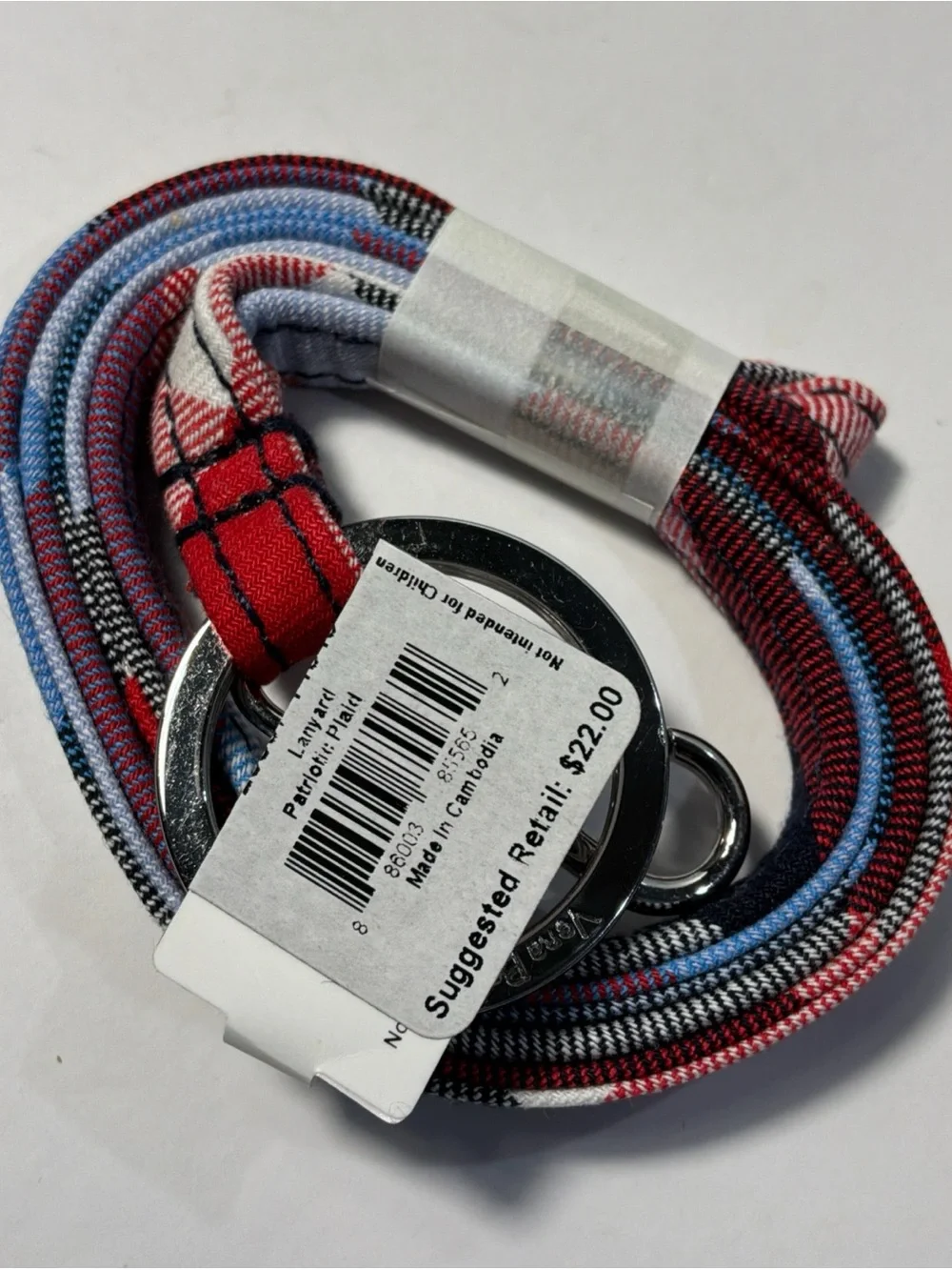 NWT Vera Bradley Lanyard w/ Ring and Lobster Clip Patriot Red Plaid Blue White